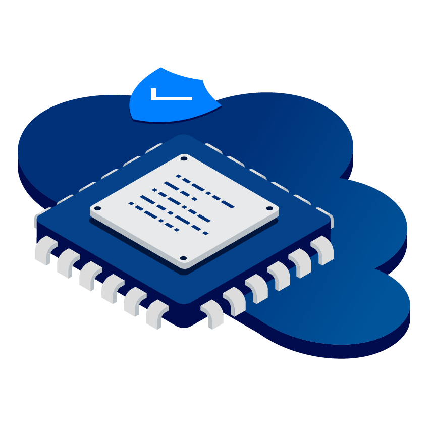 A computer chip integrated with a cloud, representing end-to-end integration with existing technology stacks.