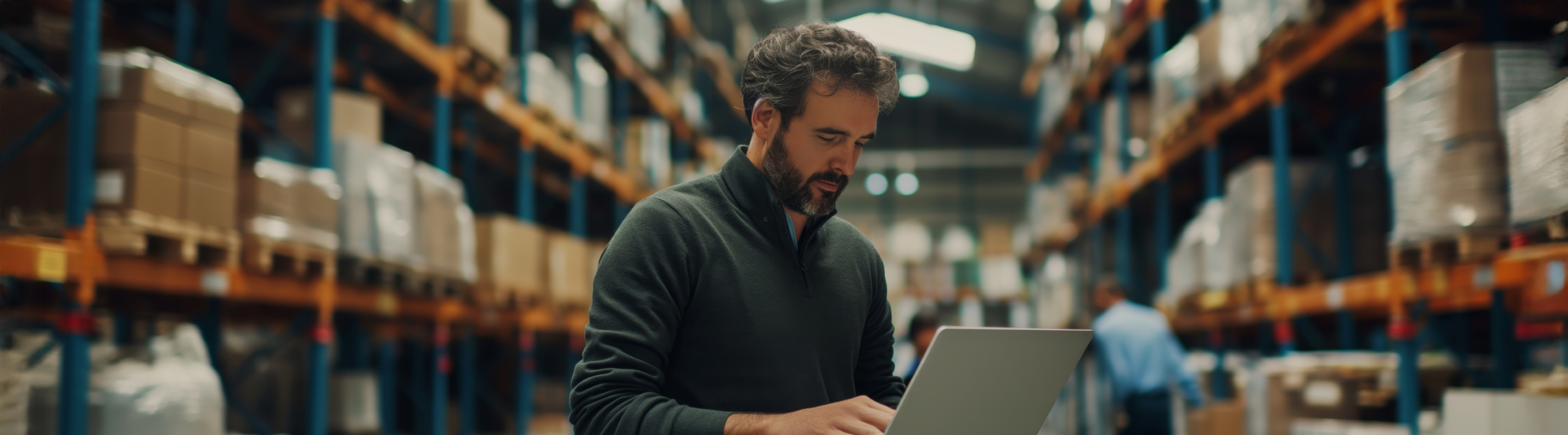 Worker in a warehouse using a Bell platform to manage their IoT devices.