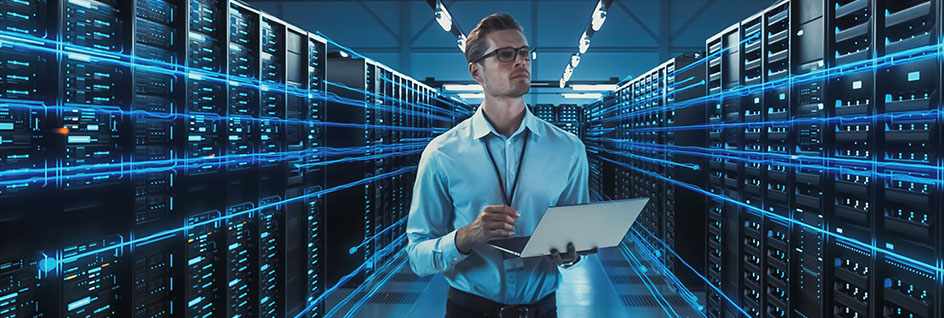 Artificial intelligence expert runs formulas while walking through data centre.
